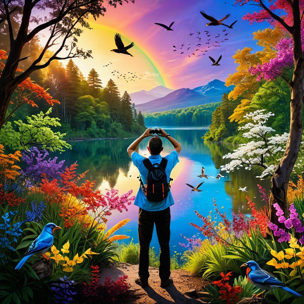 A dynamic scene capturing a passionate ornithologist in a lush, vibrant forest, binoculars in hand, observing colorful birds flitting among the branches. The background features a stunning array of bird species in mid-flight, showcasing a rainbow of feathers. Sunlight filters through the leaves, illuminating the scene with a warm glow, conveying a sense of adventure and discovery. Include elements of nature like blooming flowers and a serene lake in the distance. super-realistic. vibrant colors. 3D.