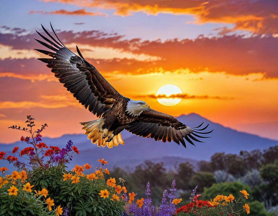 A majestic eagle soaring through a vibrant sunset sky, symbolizing valiant romance and passionate connections in nature. Below, a lush landscape teeming with colorful birds interacting harmoniously, conveying a sense of wonder and beauty in the natural world. Soft light glimmers on the feathers of the birds, enhancing their vivid colors and showcasing their grace. The overall ambiance is dreamy and romantic. super-realistic. vibrant colors. golden hour lighting.