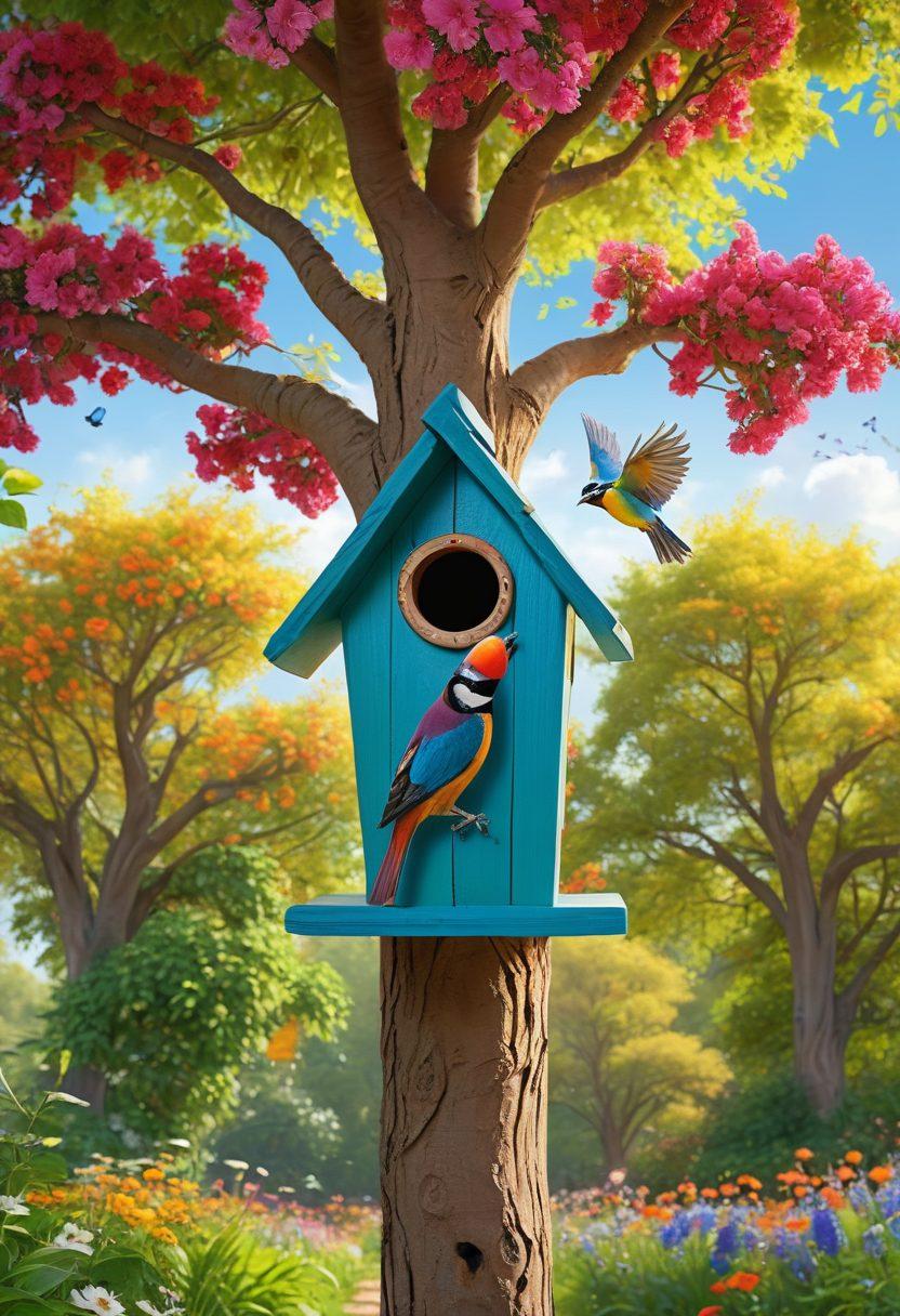 A heartwarming scene of colorful birds soaring through a bright blue sky, surrounded by lush green trees and vibrant flowers symbolizing nature's beauty. Include a couple of people of diverse backgrounds smiling and pointing at the birds in admiration, highlighting the bond between humans and wildlife. Add elements of conservation, like a small handmade birdhouse hanging from a tree. super-realistic. vibrant colors. 3D.